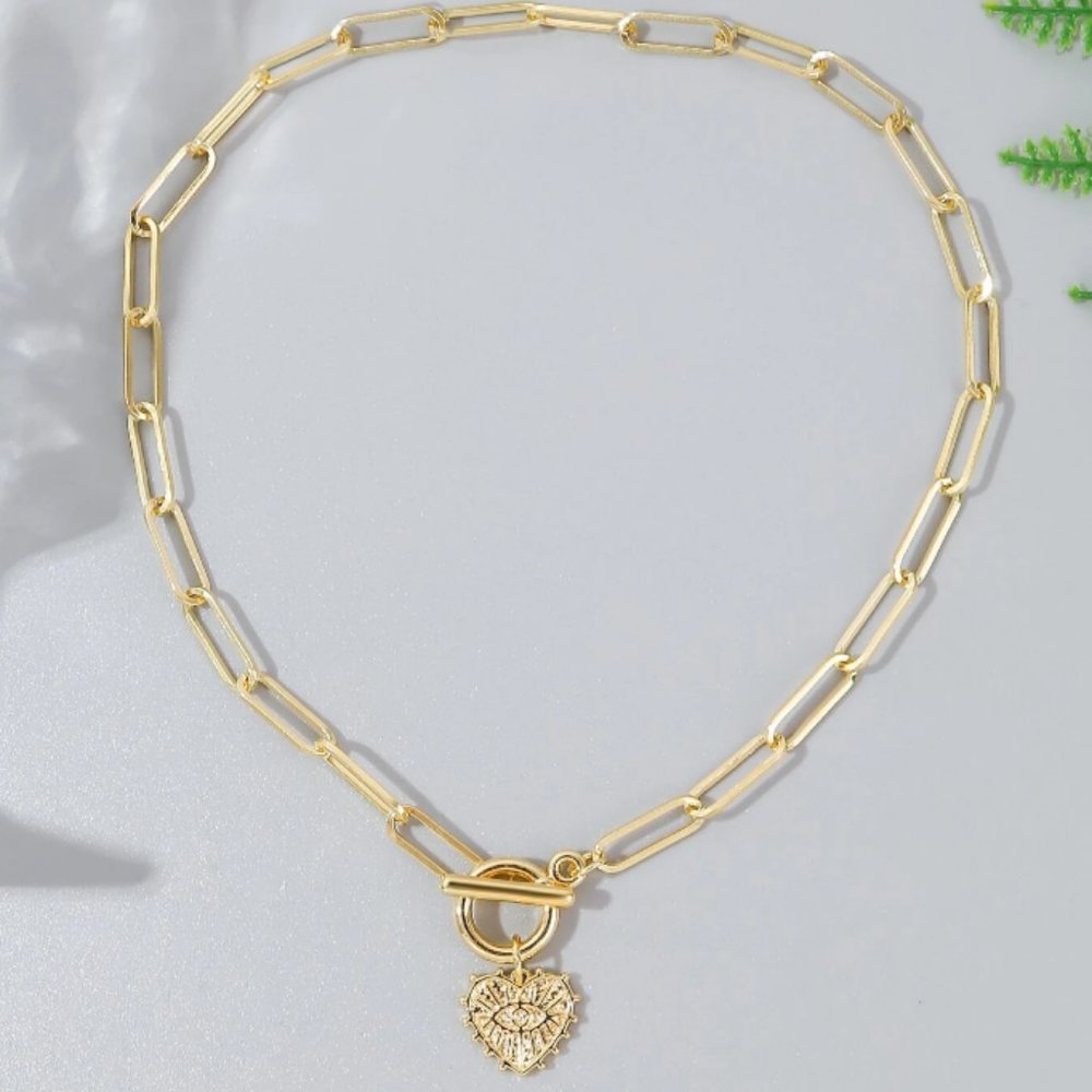 Gold Color Paperclip Chain Heart Pendant Charm Toggle Necklace